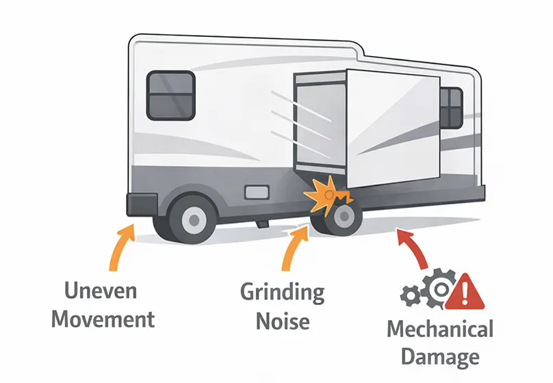 RV hydraulic slide-out repair in Fort Lauderdale Florida - HWH hydraulic pump and cylinder seal replacement on Class A motorhome at Broward County campsite